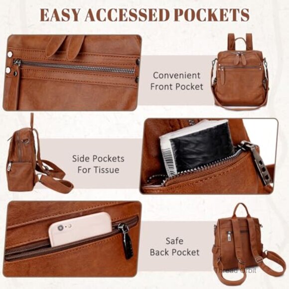 Convertible PU Leather Backpack Purse for Women, Adjustable Straps, Multiple